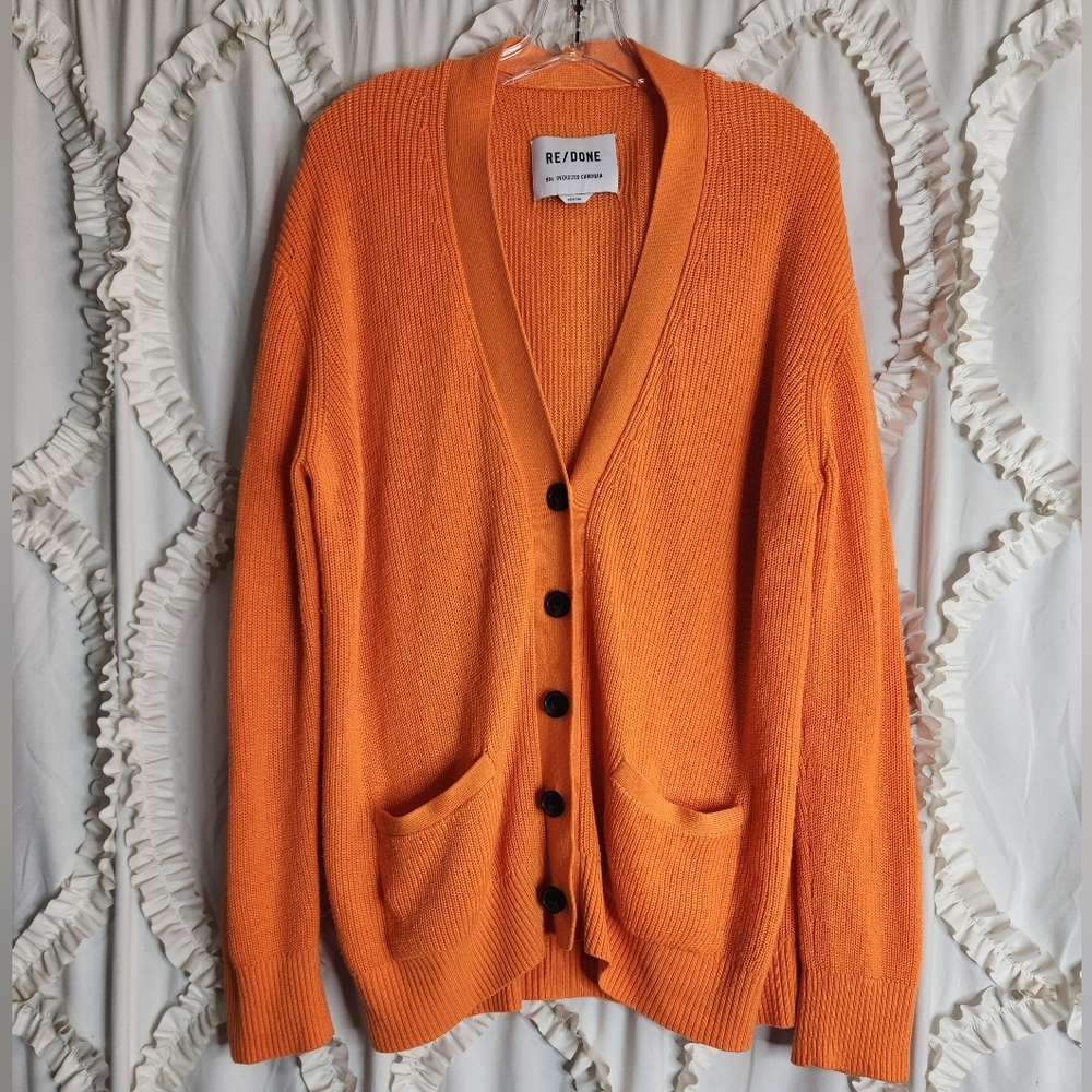 Re/Done 90s Oversized Cardigan Button Front Tangerine Orange Sz Small - Picture 2 of 5